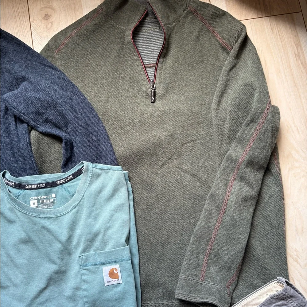 Carhartt Men's Green Pocket Tee with Dark Green Quarter-Zip and Navy Sweater Lot - Picture 3 of 10